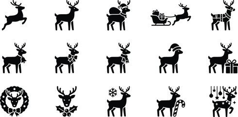 Set of black christmas reindeer icons for holiday design with sleigh and gifts © VECTOR Files