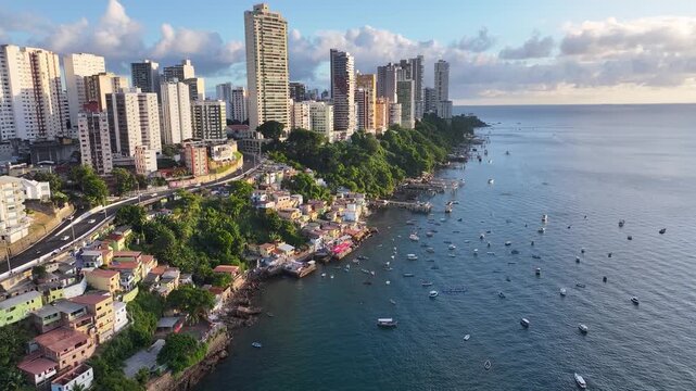 All Saints Bay In Salvador Bahia Brazil. Breathtaking Aerial View Of A Lush Tropical Coastline Scenery. District Skyline. Cities Of The World Landscape. Salvador Bahia.