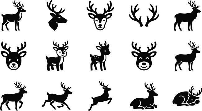 Set of black deer silhouettes and antler icons showing various poses and head styles
