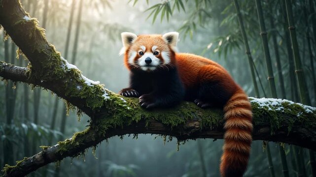 Adorable red panda with a fluffy striped tail resting on a snowy, moss covered branch, looking directly at the camera in a misty bamboo forest during a serene winter morning