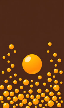 Glossy yellow spheres and bubbles floating on a dark brown background illustration
