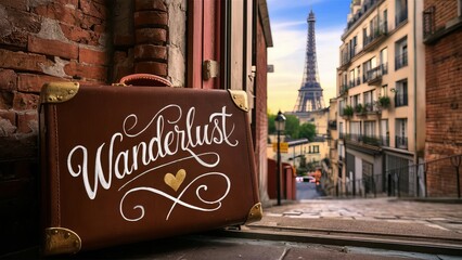 Obraz premium Vintage suitcase with Wanderlust typography resting on a Paris street with the Eiffel Tower in the background, travel concept for vacation planning
