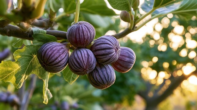 Fig tree with ripe figs hanging from branches during sunset in a garden