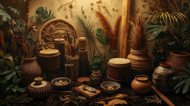 Elegant Ceremonial Still Life Featuring Drums Baskets Pottery and Golden Light