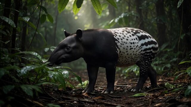 Endangered malayan tapir with its distinctive black and white coat walking on a path in a lush, green tropical rainforest, with sun rays piercing through the dense canopy