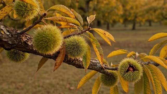 Ripening spiny chestnuts hanging on a tree branch with beautiful golden autumn leaves in a field. One of the burrs slowly opens revealing the edible nut inside during a sunny day
