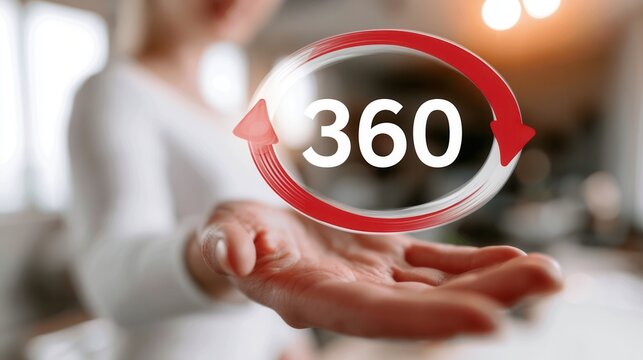 Showing a 360 degree view concept with a hand and graphic design in a modern indoor setting