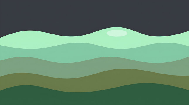 Minimalist green wavy landscape illustration with dark grey background and layered abstract shapes