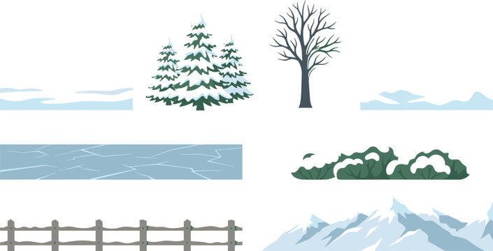 Set of isolated winter landscape vector elements with snowy pine trees, mountains, fence, and frozen river