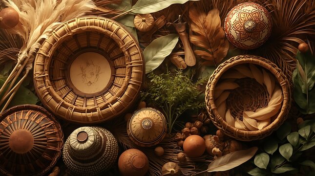 Traditional Nature Inspired Ceremonial Display with Feathers Leaves and Pottery