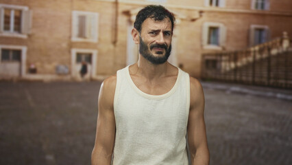Fototapeta premium Man with beard squints, bare shoulders visible while standing on street; weariness solitude reflection.