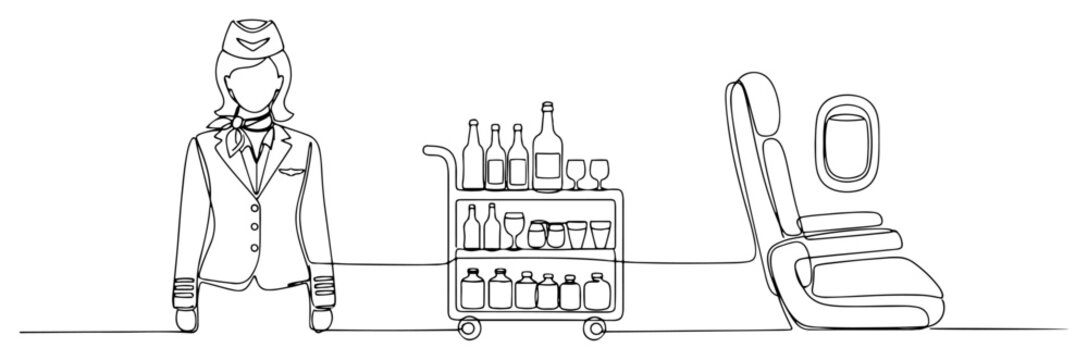 Flight attendant service trolley and airplane seat in continuous line art style