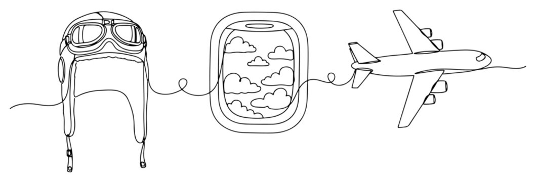 Pilot helmet airplane window and flying aircraft in continuous line art style
