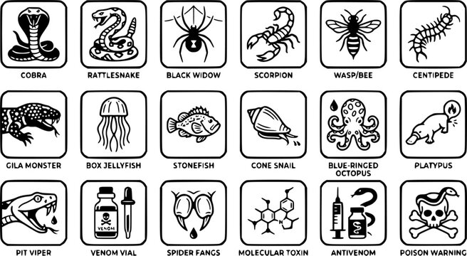 18 Black and White Animal Venom Toxin Vector Icons Flat Line Art Set