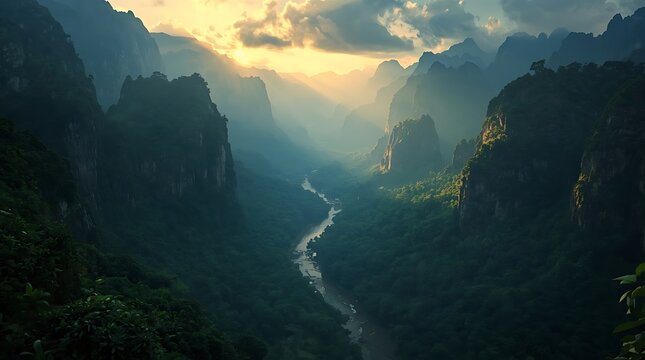 Ultra Realistic Sacred Valley Scenery with Towering Cliffs River and Timeless Spirit