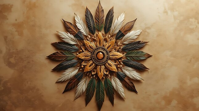 Intricate Sacred Mandala Design with Feathers Leaves Wood and Stone Details