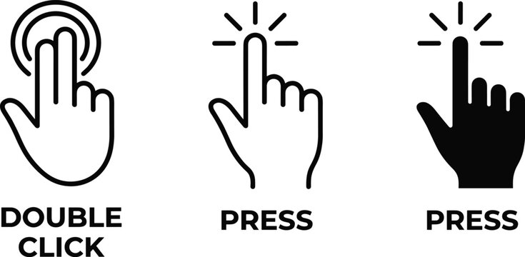 Hand touch gesture icons set including double click and press actions for mobile UI touchscreen interface vector design