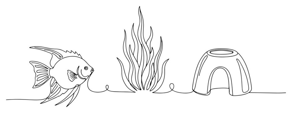 Angelfish with aquatic plant and cave decoration in continuous line art style