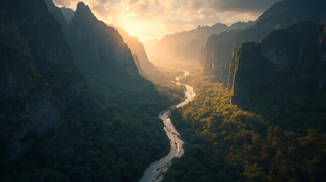 Sacred Valley with Towering Cliffs Lush Rainforest and Winding River at Dawn