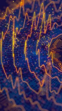 Round big data visualization with AI processing, quantum computing and futuristic information flow, seamless 3D loop. Vertical video.