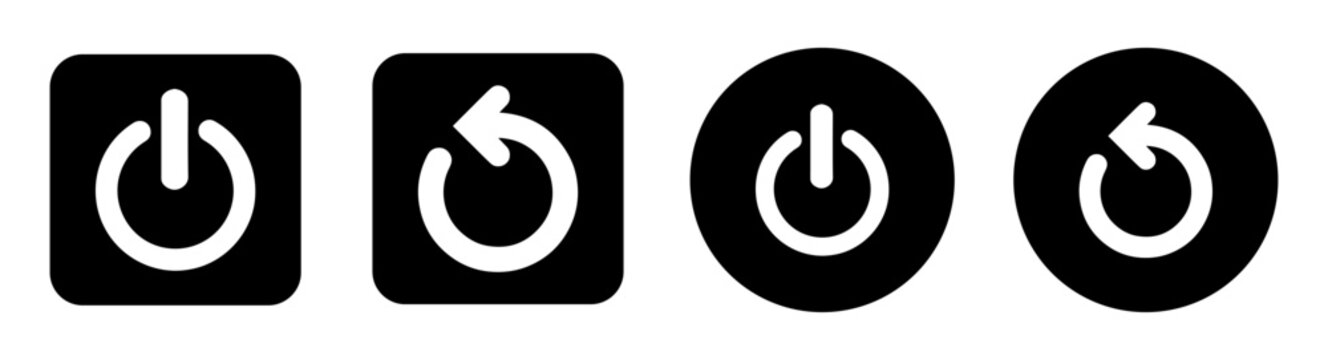 Power and restart button icon set, minimalist black square and circle UI elements on white background