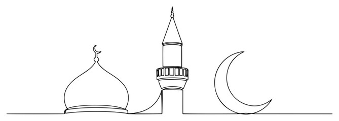 Mosque dome with minaret and crescent moon in continuous line art style © Alicja