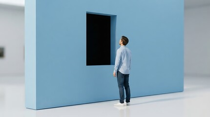 Fototapeta premium Man looking at blank black screen on blue wall in modern art gallery