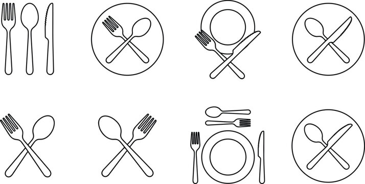 Cutlery and table setting line icons set including fork spoon knife and plate vectors for restaurant menu dining etiquette guide
