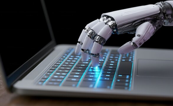 Robot hand typing on laptop keyboard during digital task