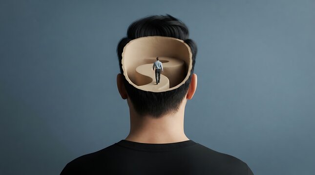 Man with open head and person walking on winding road inside brain