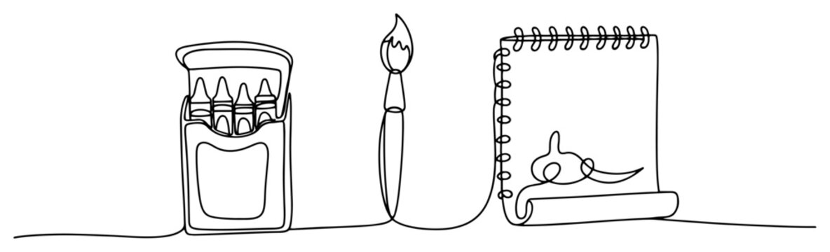 Box of crayons paintbrush and sketchbook in continuous line art style