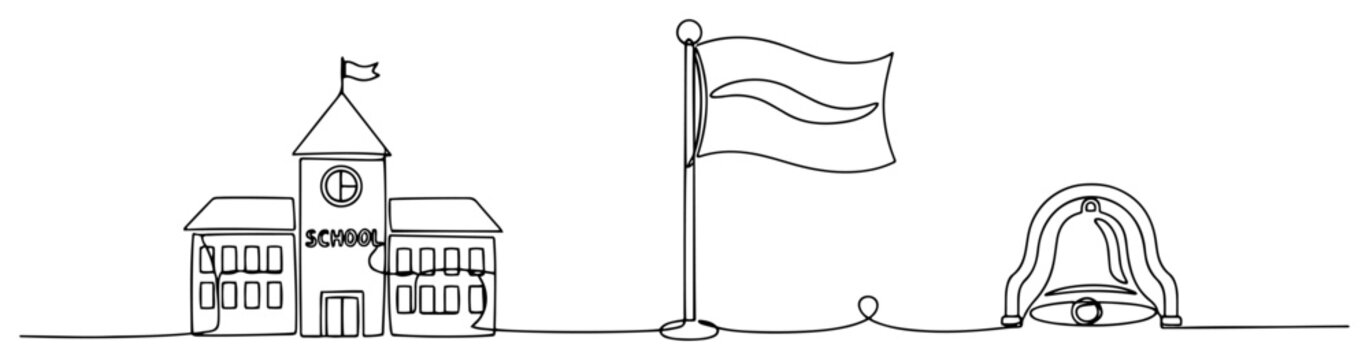 School building with flag on pole and bell in continuous line art style