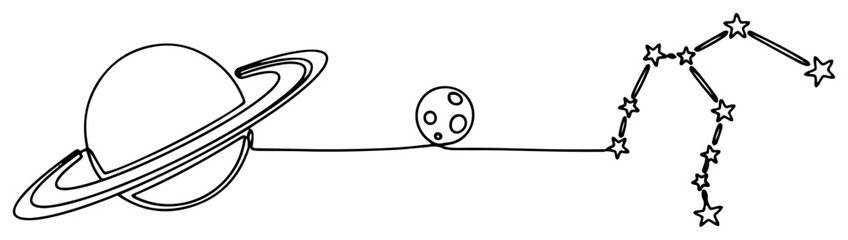 Saturn planet with moon and star constellation in minimalist continuous line drawing style © Alicja