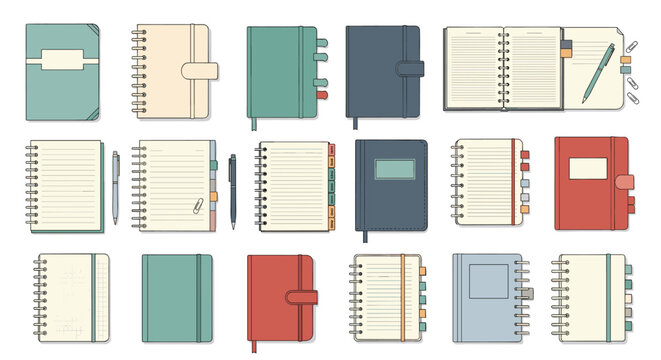 Set of various school and office notebooks open diaries planners and spiral ring binders in beautiful modern colors.