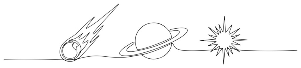 Falling meteor Saturn planet and shining star in continuous line art style © Alicja