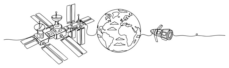 Space station orbiting Earth with spacecraft in continuous line art style © Alicja