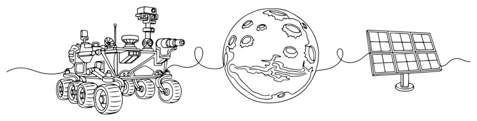 Mars rover exploring planetary surface with solar panel in continuous line art style © Alicja