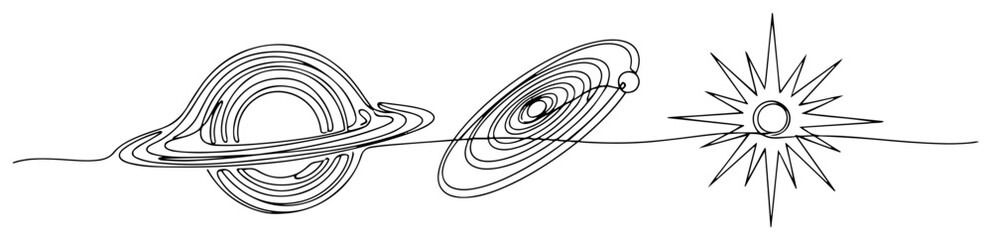 Saturn planet with black hole and shining star in continuous line art style © Alicja