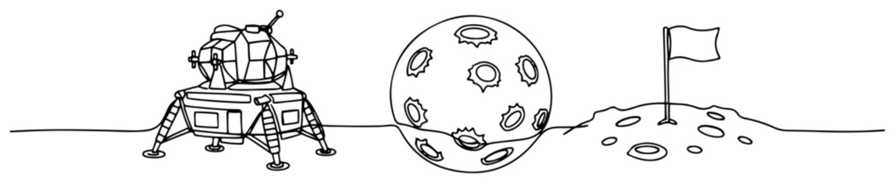 Lunar lander moon surface and landing flag in continuous line art style