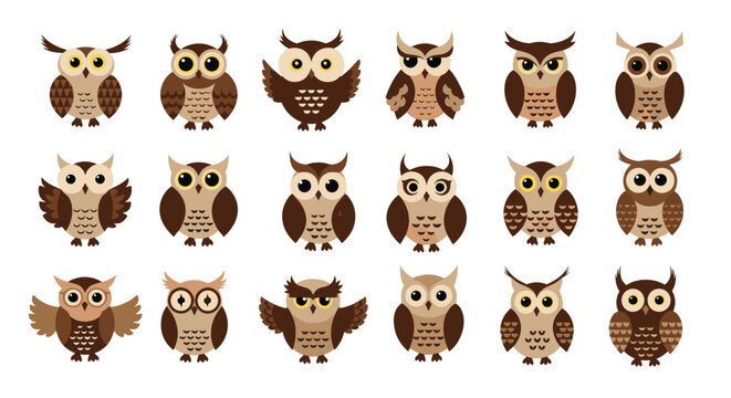 Large set of eighteen cute cartoon owl characters with different expressions and feather patterns on a white background.