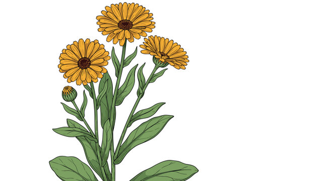 Beautiful hand drawn branch of calendula flowers with bright orange blossoms and green leaves on a white background.