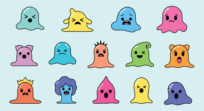 Collection of fifteen colorful cartoon slime monsters with funny face expressions isolated on a light blue background.
