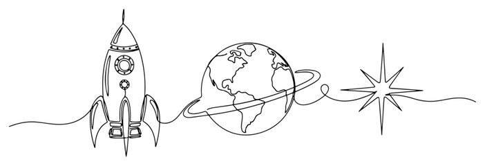 Rocket ship flying past planet Earth and star in continuous one line drawing style © Alicja