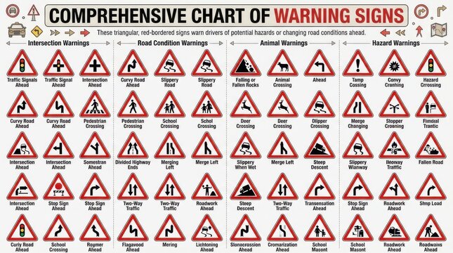 Comprehensive chart of warning signs on white background