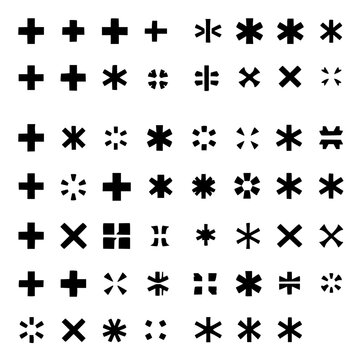 Star and asterisk symbols set with 36 unique black symbols in 6x6 grid on white background featuring star, asterisk, geometric patterns with line art and minimalist design
