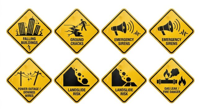 Collection of warning signs on white background
