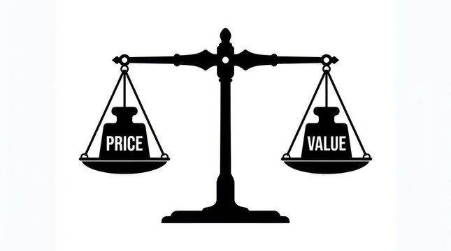 Black silhouette of balance scale with price and value