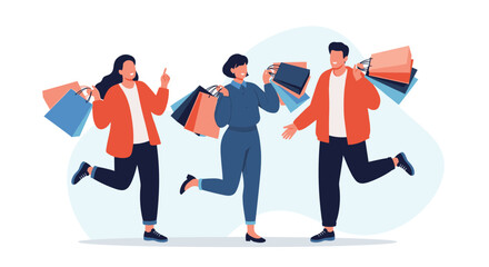 Obraz premium Cheerful young friends holding colorful shopping bags and jumping with joy after a successful shopping spree at the mall.
