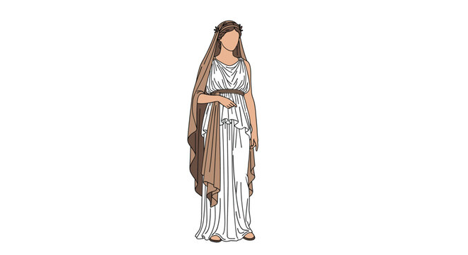Elegant classical Greek woman wearing a traditional white chiton dress and a brown veil, isolated on a white background.