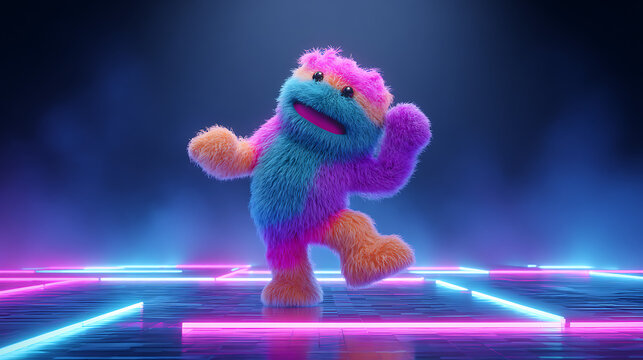 Colorful monster dancing on neon lights in a dark room with fog